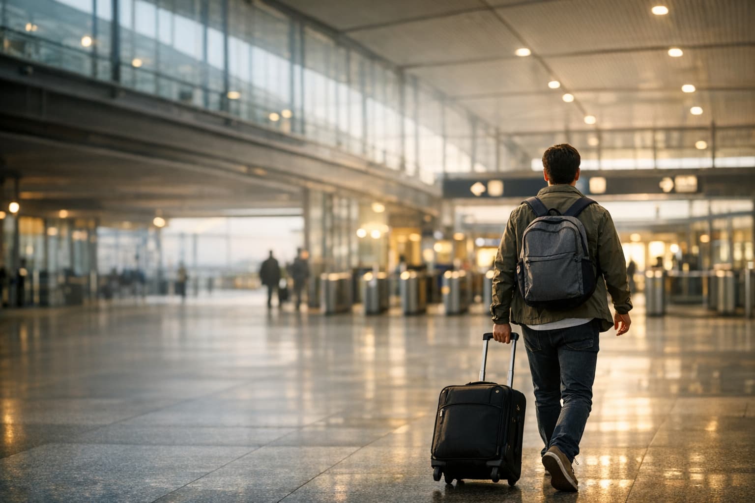 Traveler walking through a modern station concourse before departure.