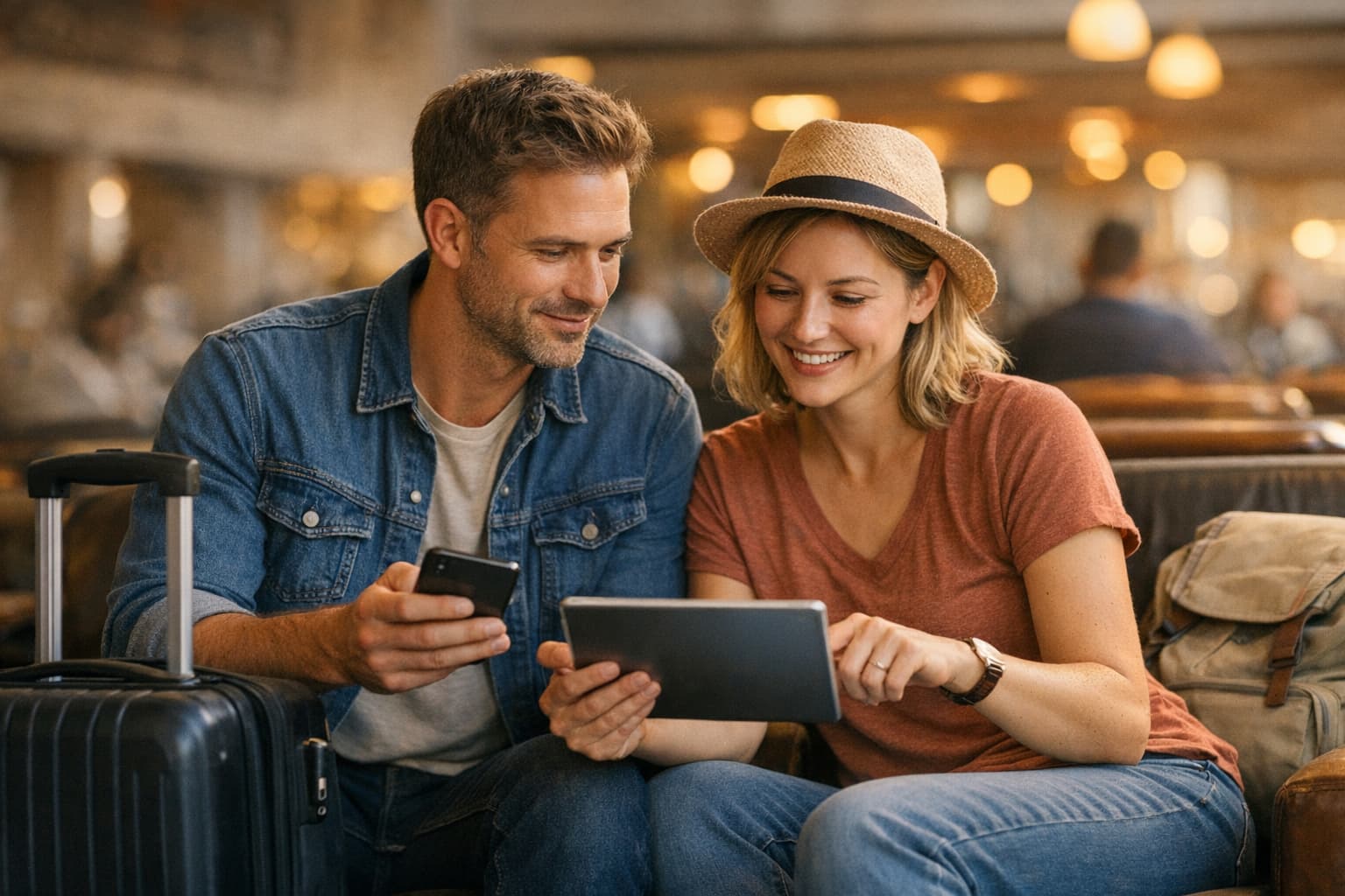 Two travelers reviewing a journey plan together in a station lounge.
