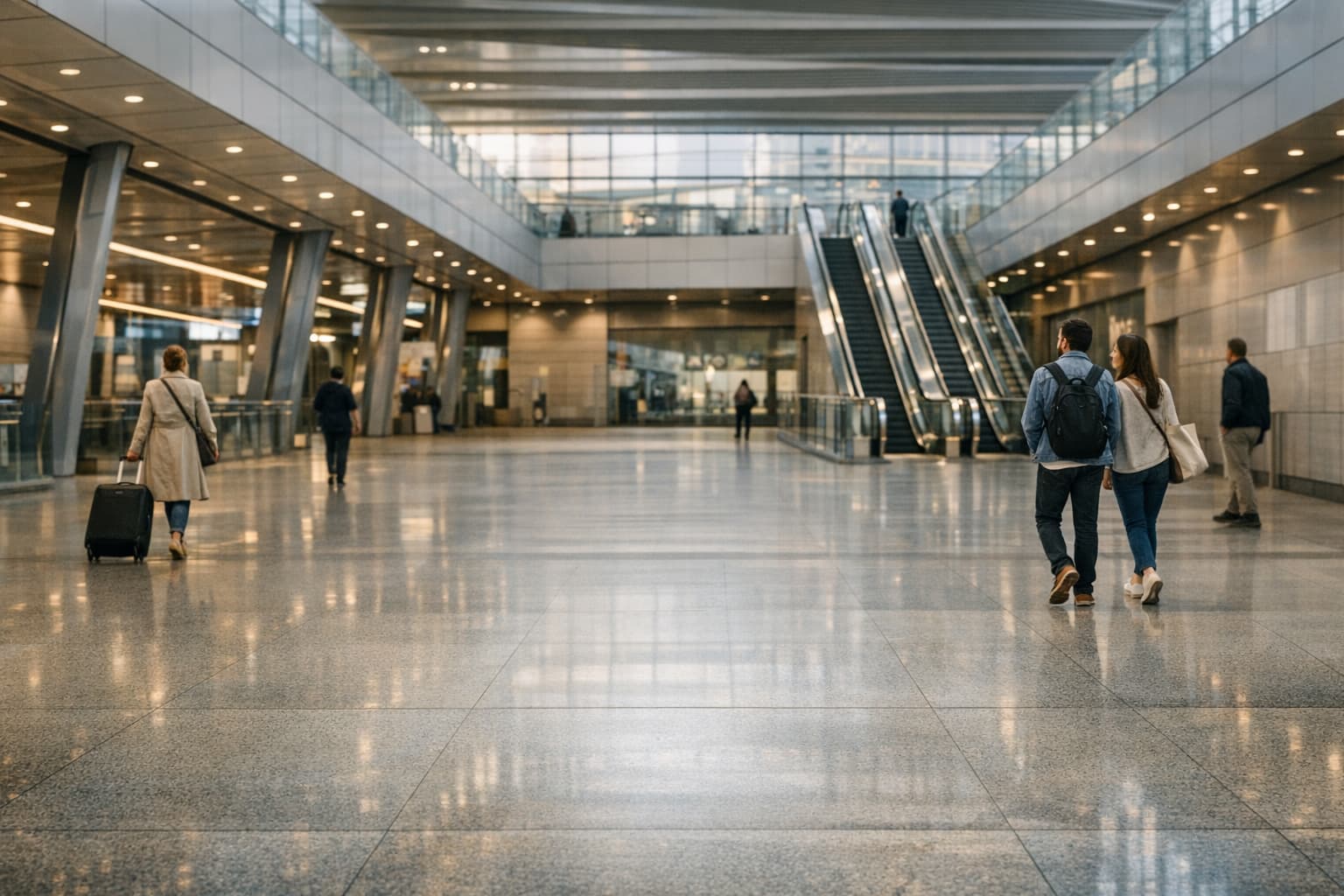 Calm modern rail concourse with open space and soft natural light.