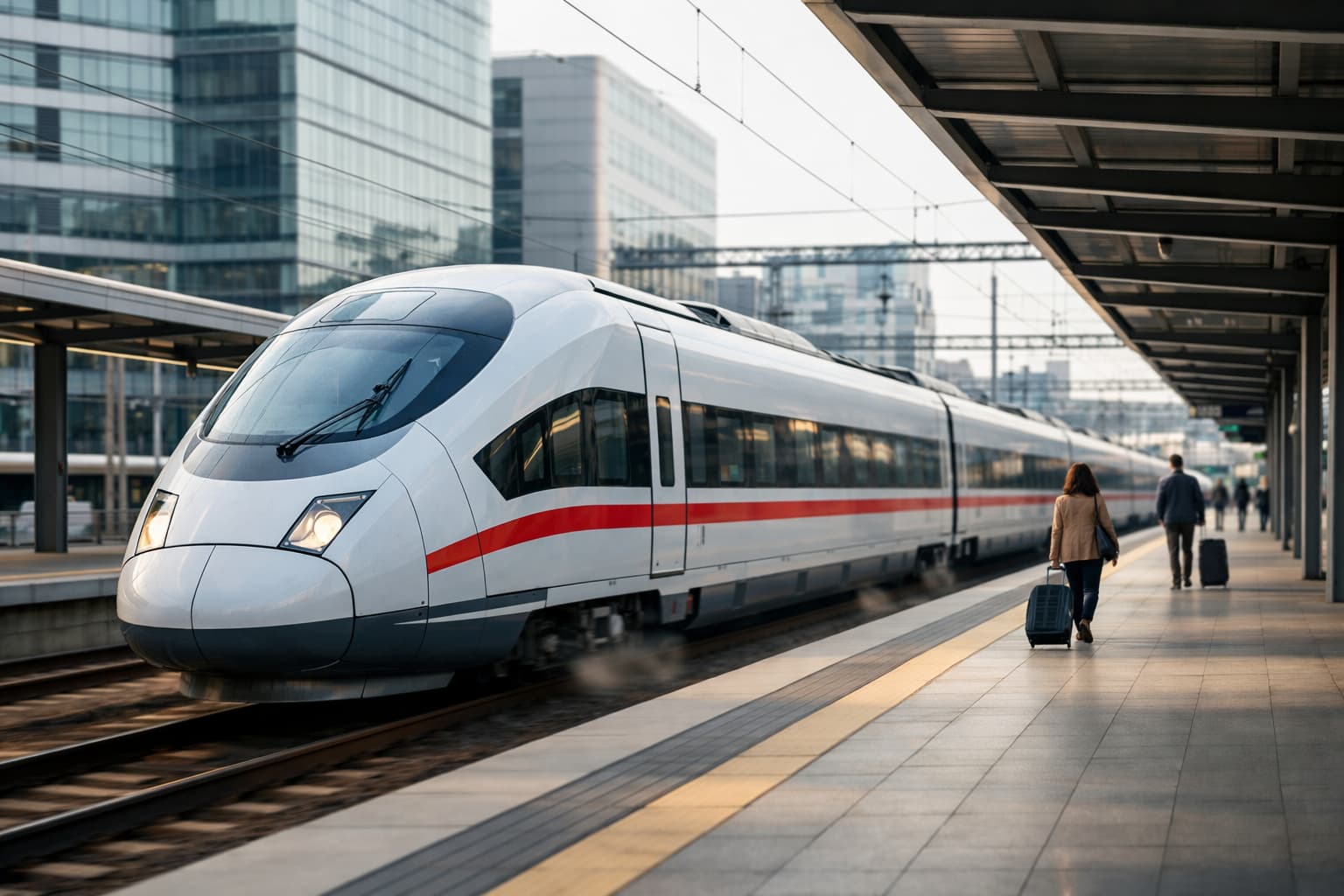 Modern intercity train scene with neutral global travel styling.