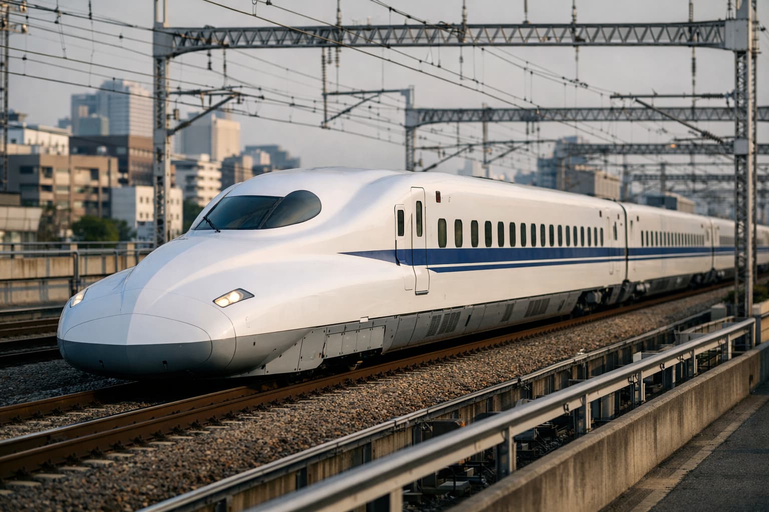 High-speed train in Japan moving through a clean modern rail corridor.