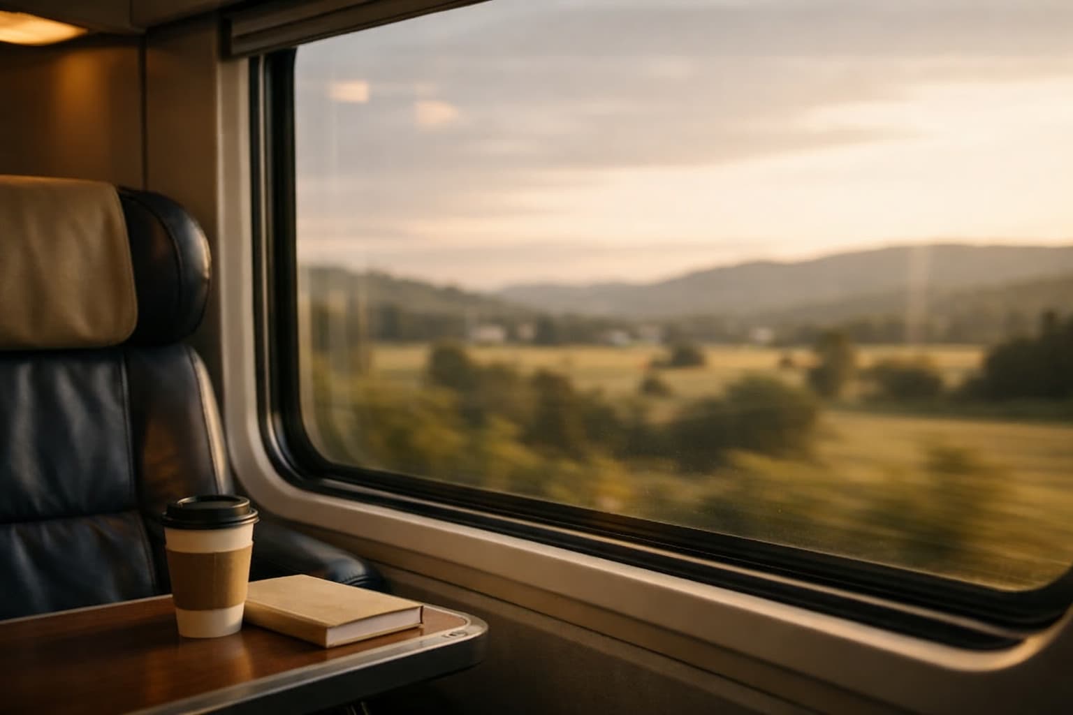 Peaceful premium train travel moment looking out of a train window with soft landscape blur.