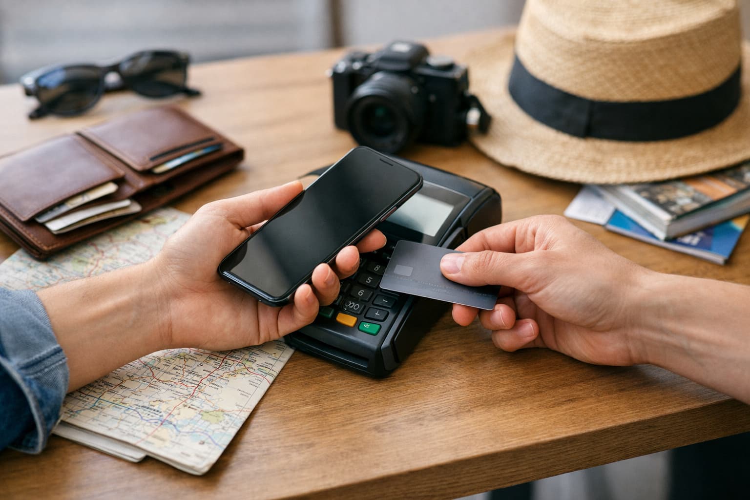 Traveler paying with phone and card among travel essentials in a clean premium setup.