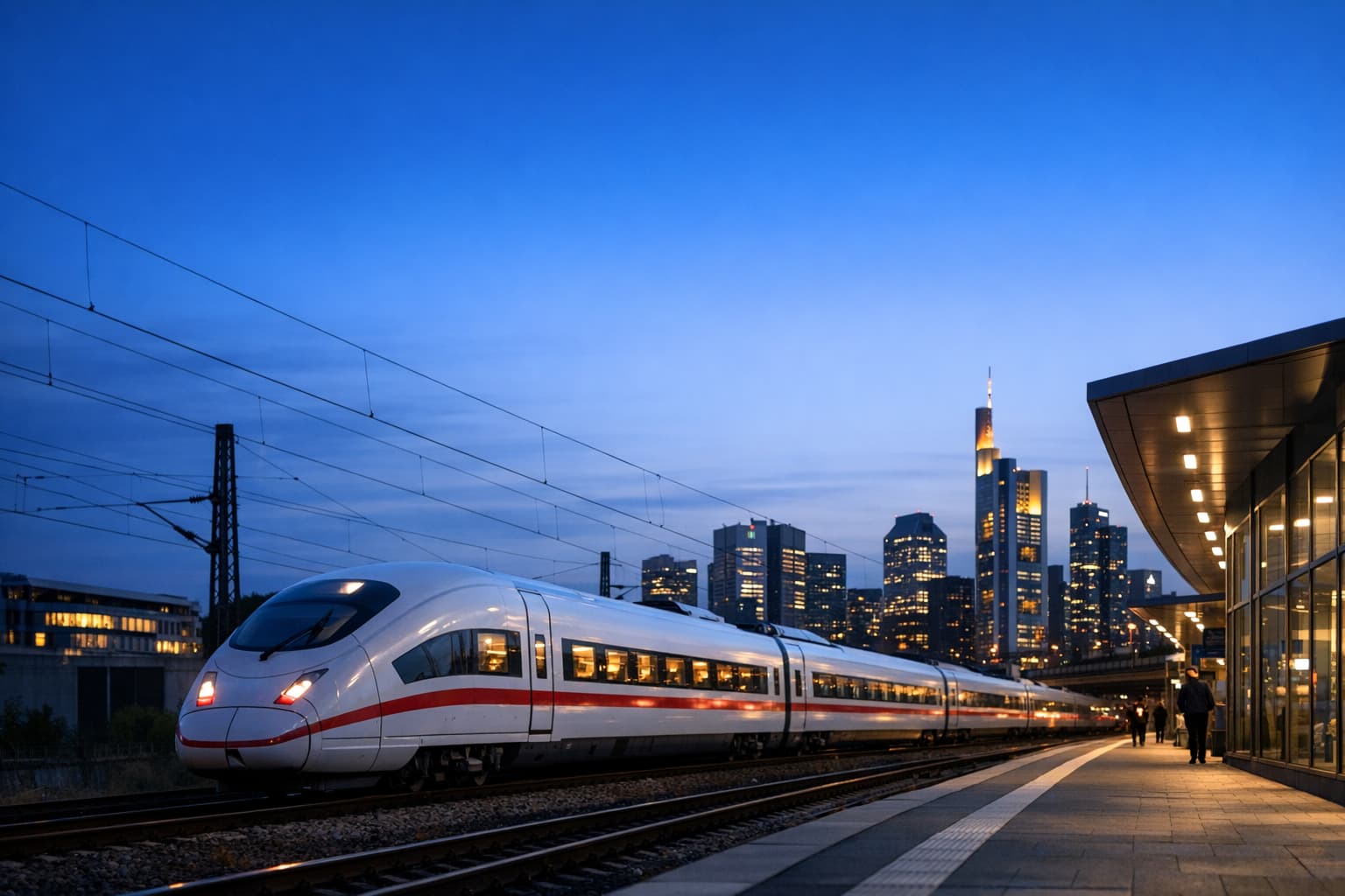 German high-speed rail scene with strong negative space for headline copy.