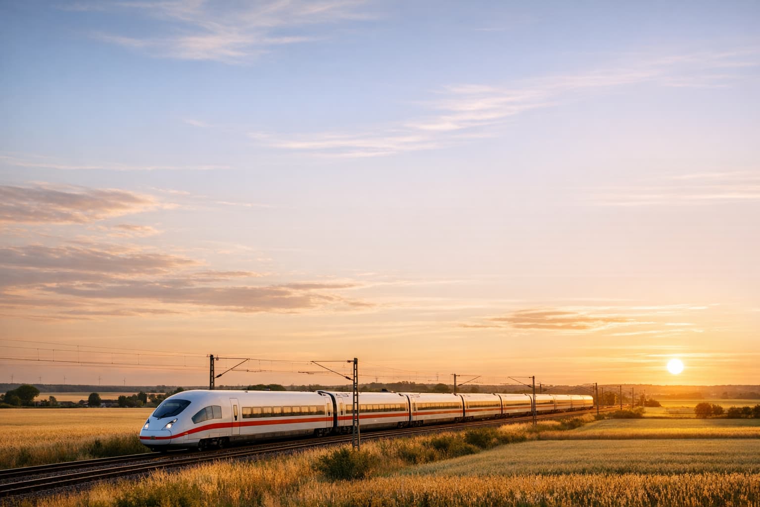 German high-speed train moving through a modern landscape at golden hour.