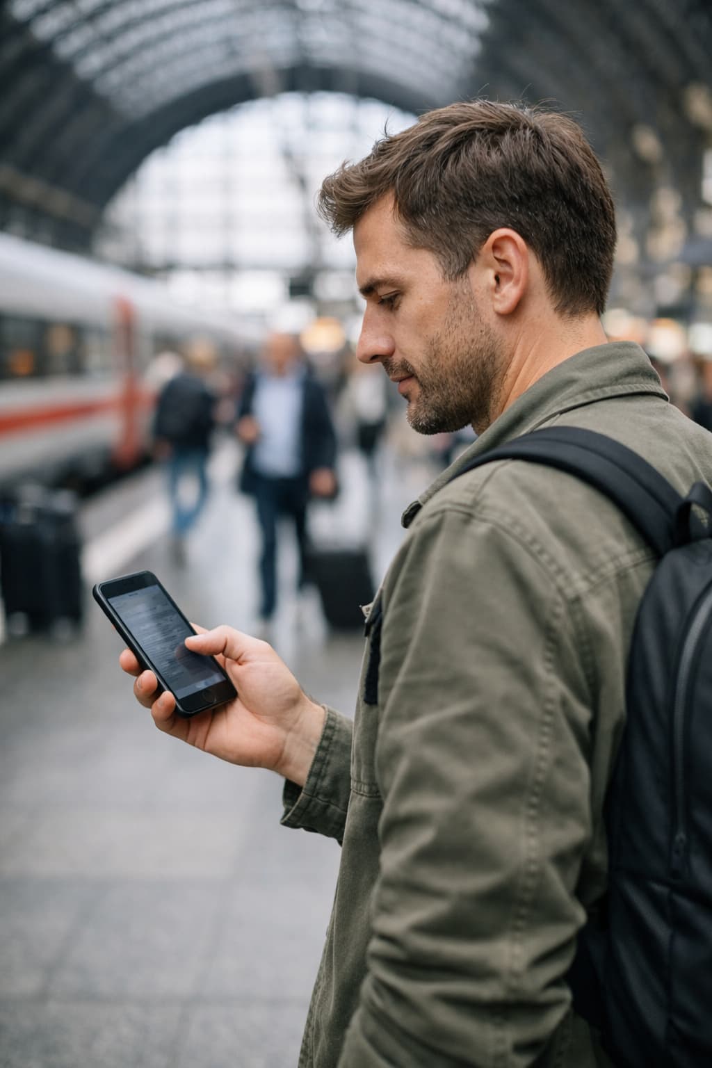 Traveler holding a phone showing itinerary details while navigating a Germany station.