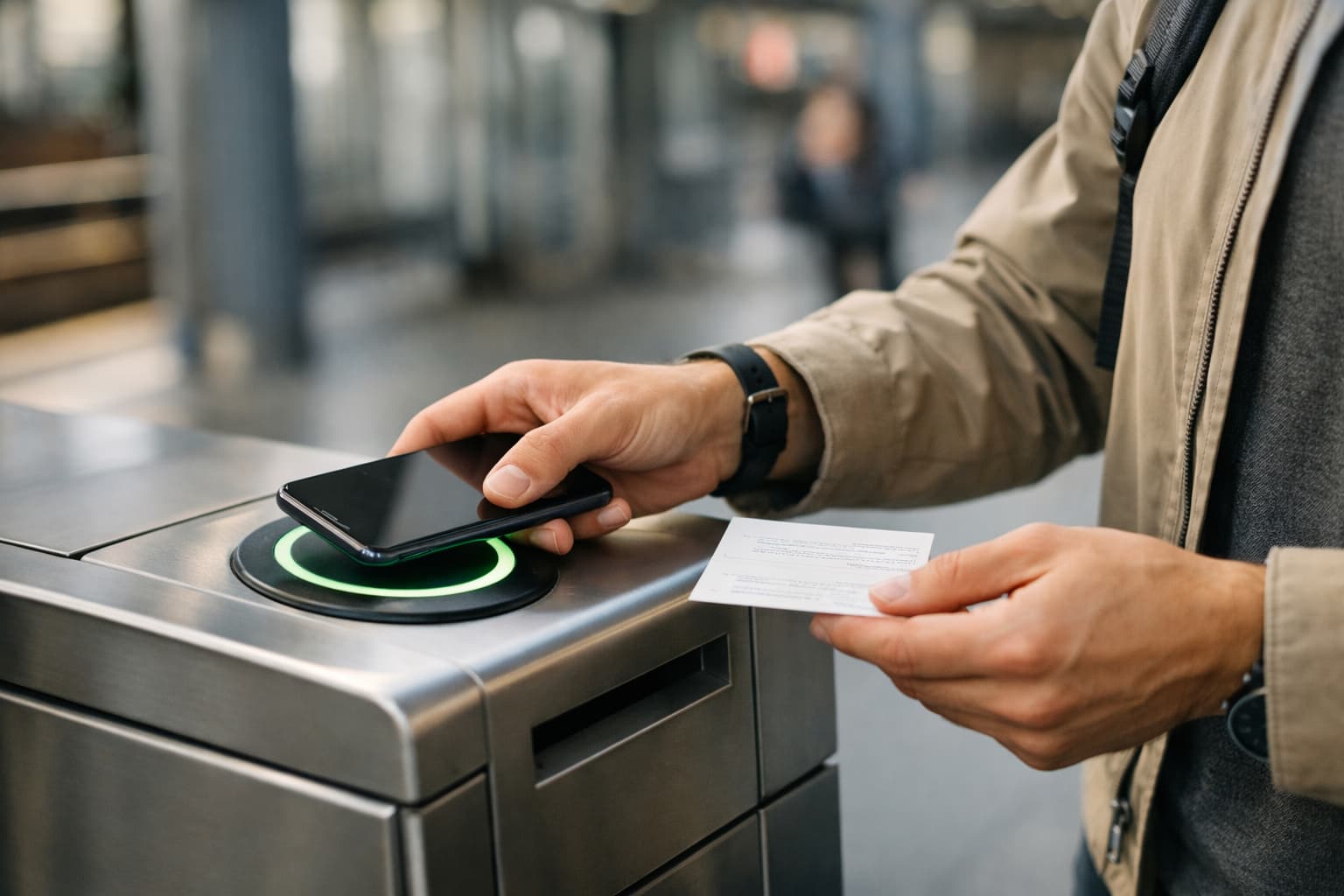 Traveler validating rail access inside a modern Germany station.