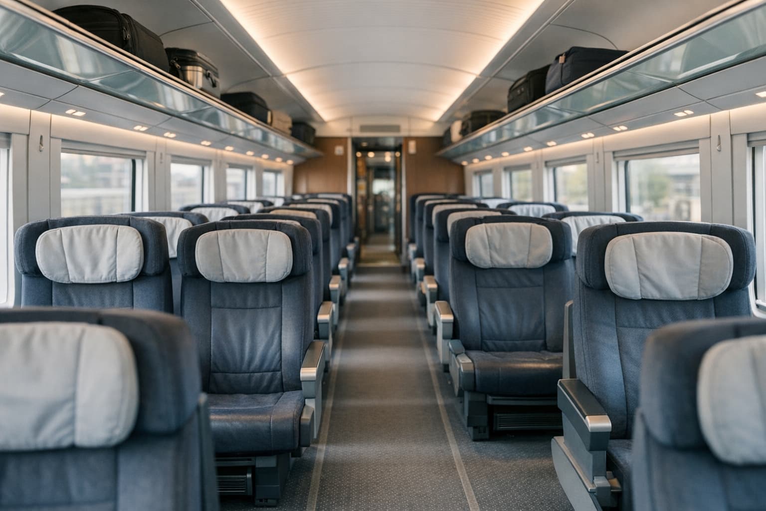 Interior cabin seating of a German high-speed train showing comfort and legroom.