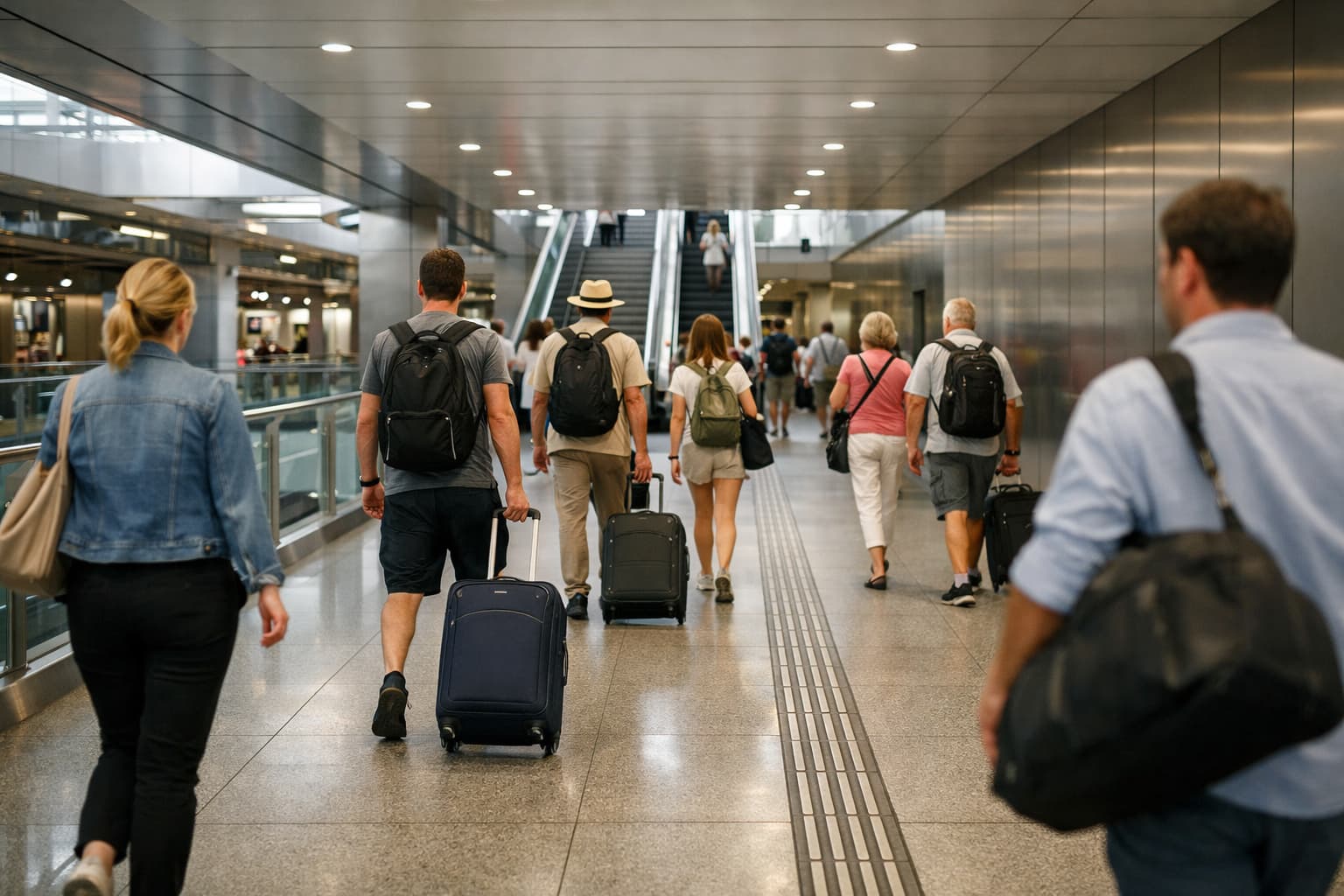 Travelers making a calm station transfer with clear navigation flow.