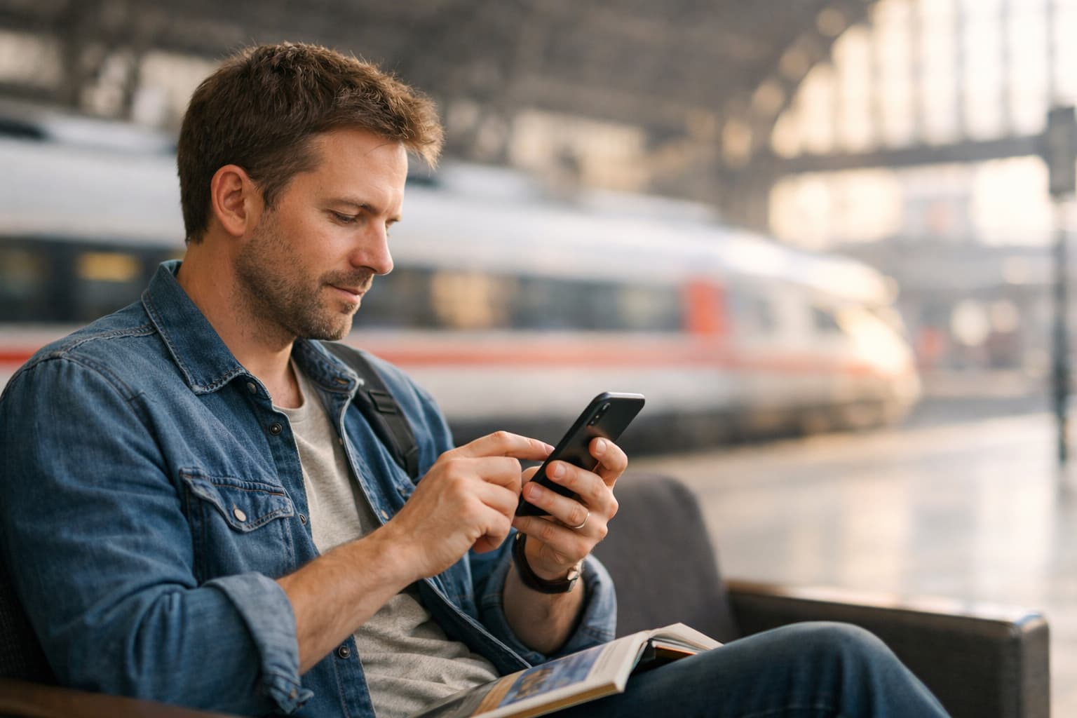 Traveler checking itinerary and support updates on phone in a station lounge.