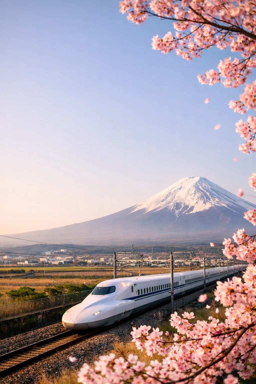 Shinkansen passing cherry blossoms with Mount Fuji in the background.
