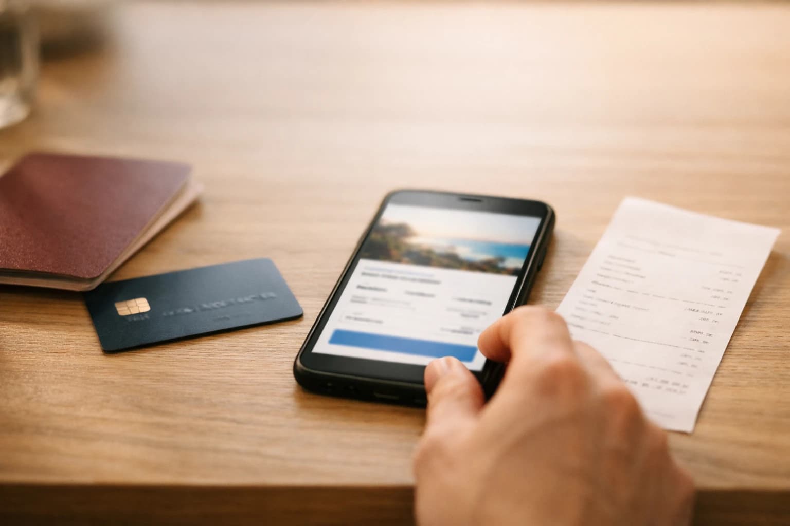 Calm travel checkout setup with card, receipt, and phone itinerary context.