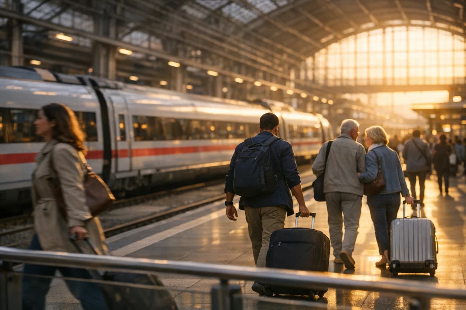 Global train platform scene with travelers moving through a modern station.