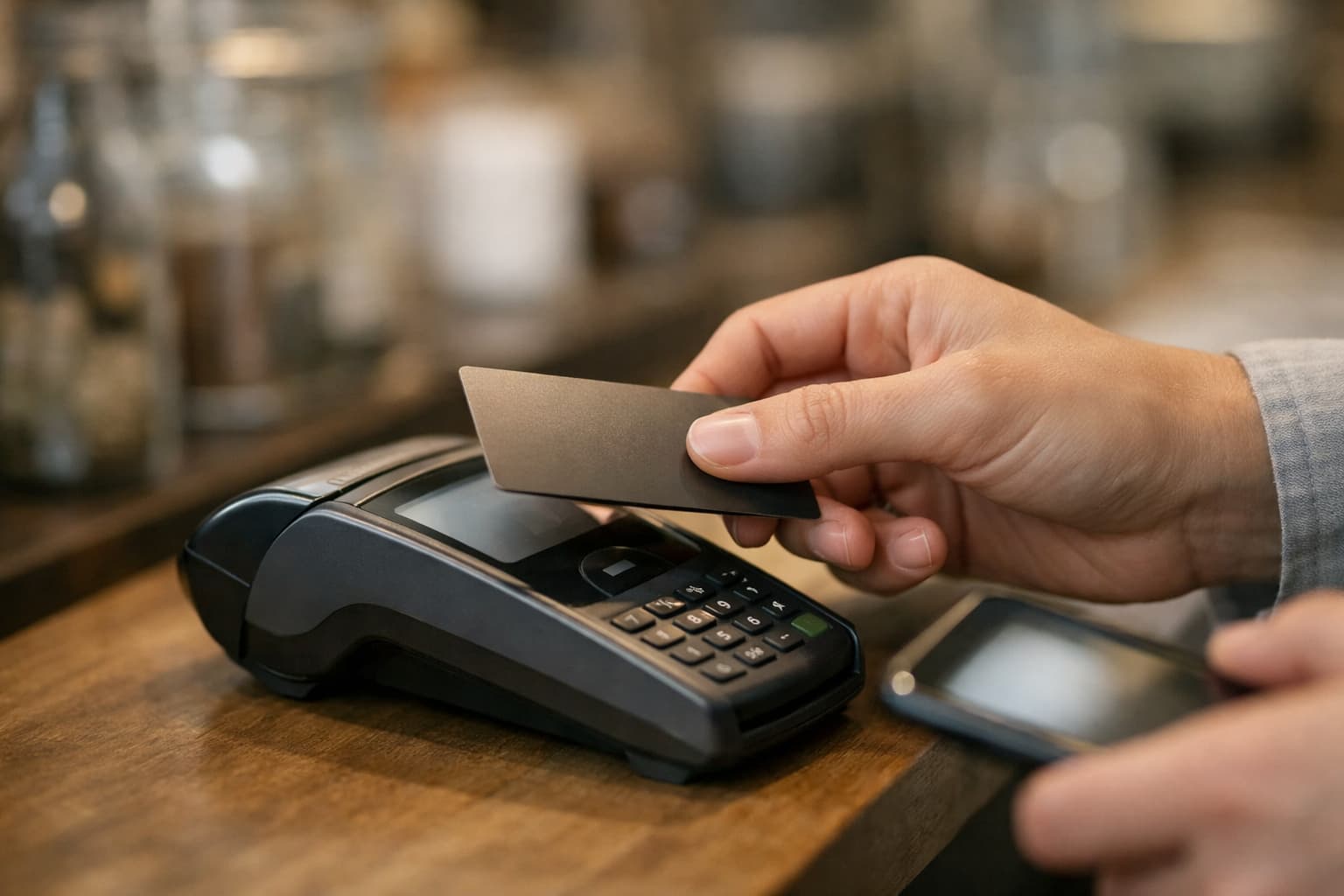 Clean close-up payment moment with card and contactless terminal.