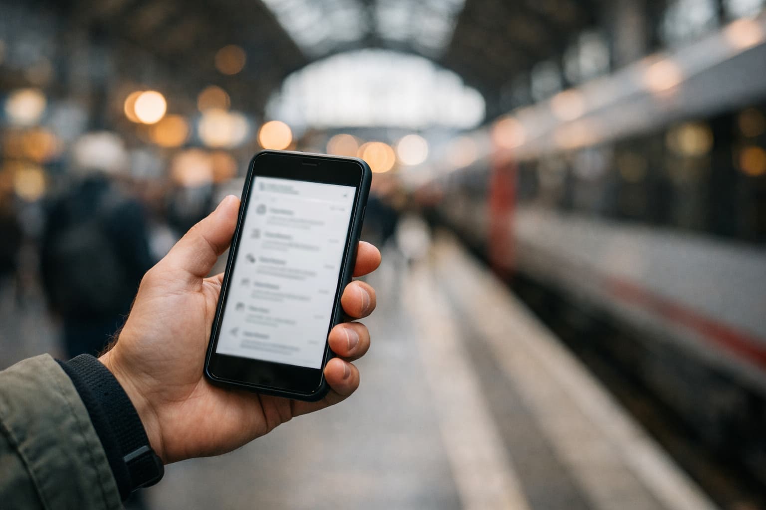 Traveler holding phone with blurred itinerary context in a station.