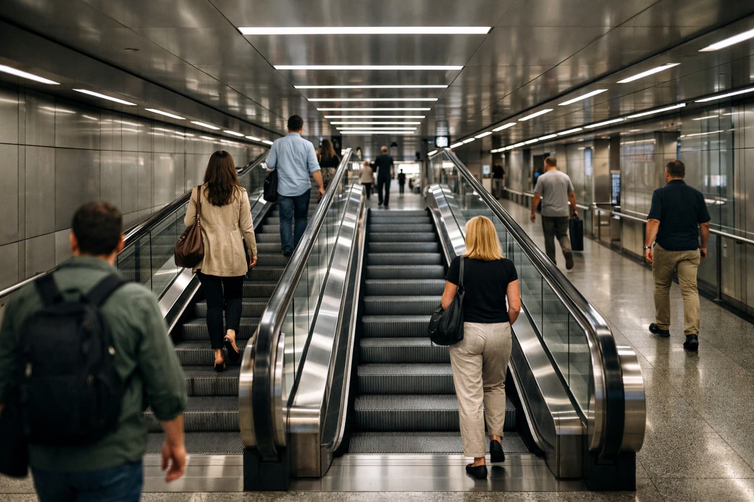 Station transfer corridor with strong leading lines and organized flow.