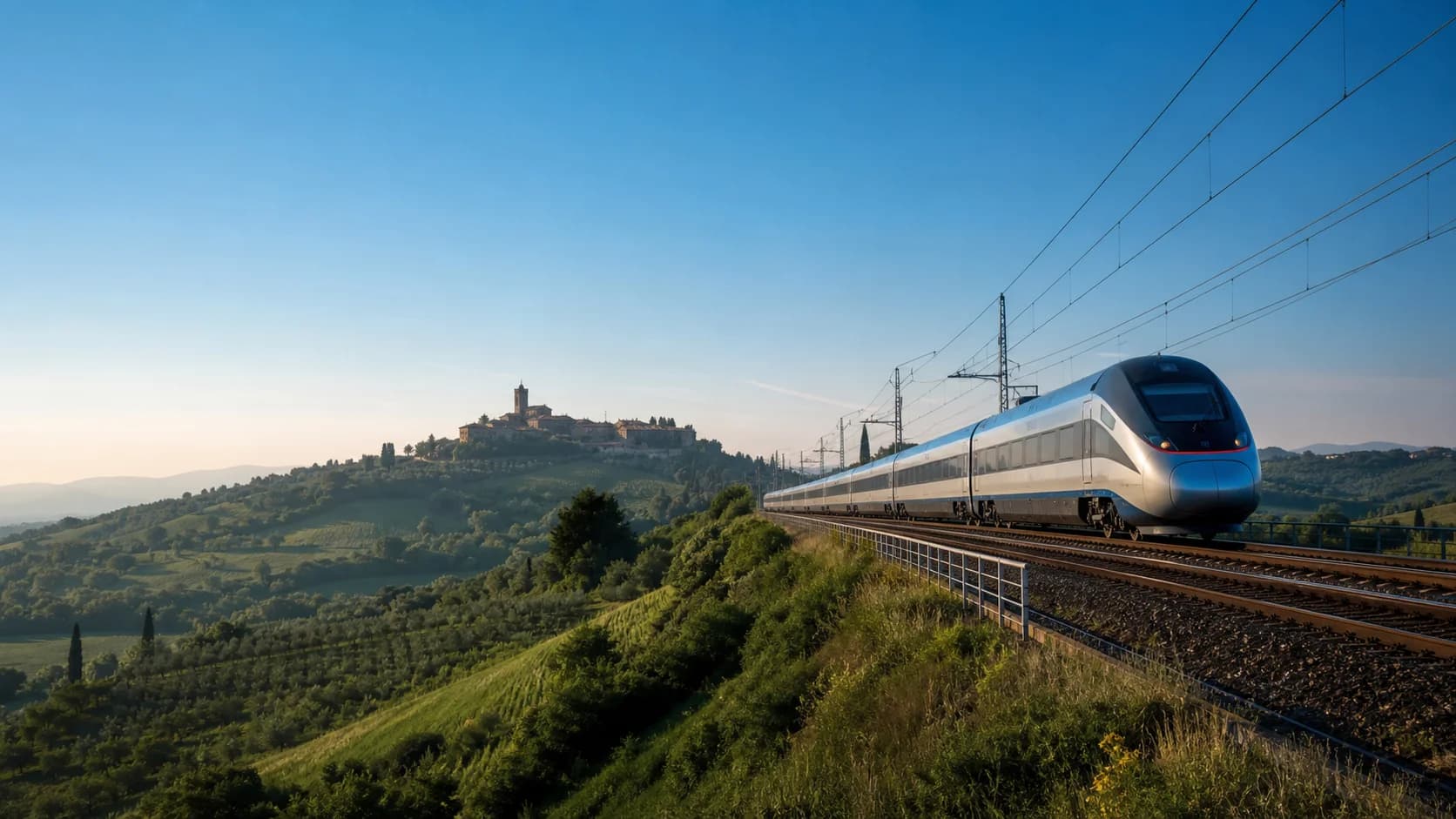 Modern intercity train travelling through the Italian countryside.