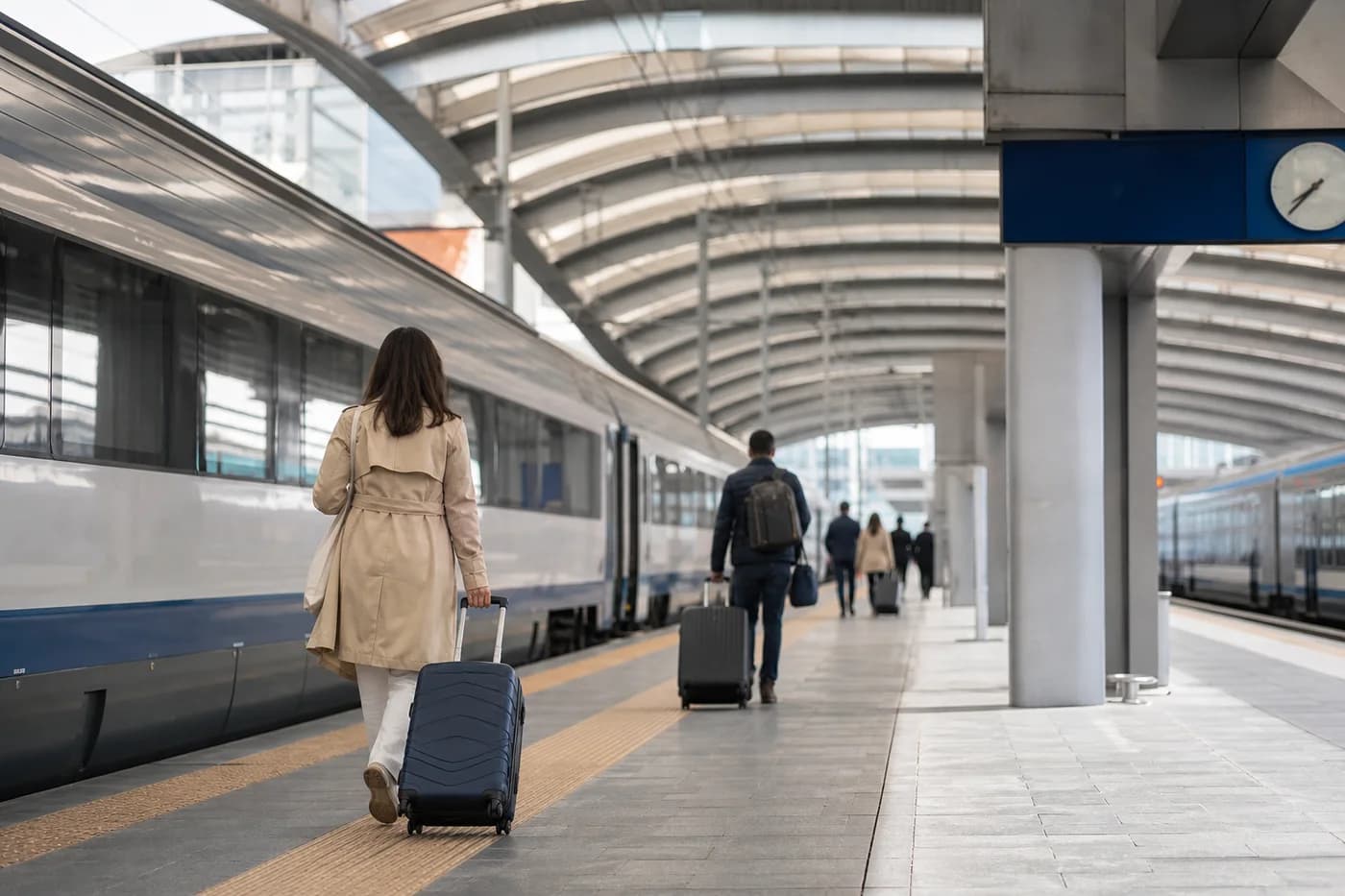 Travellers waiting beside a modern train at an Italian station platform.