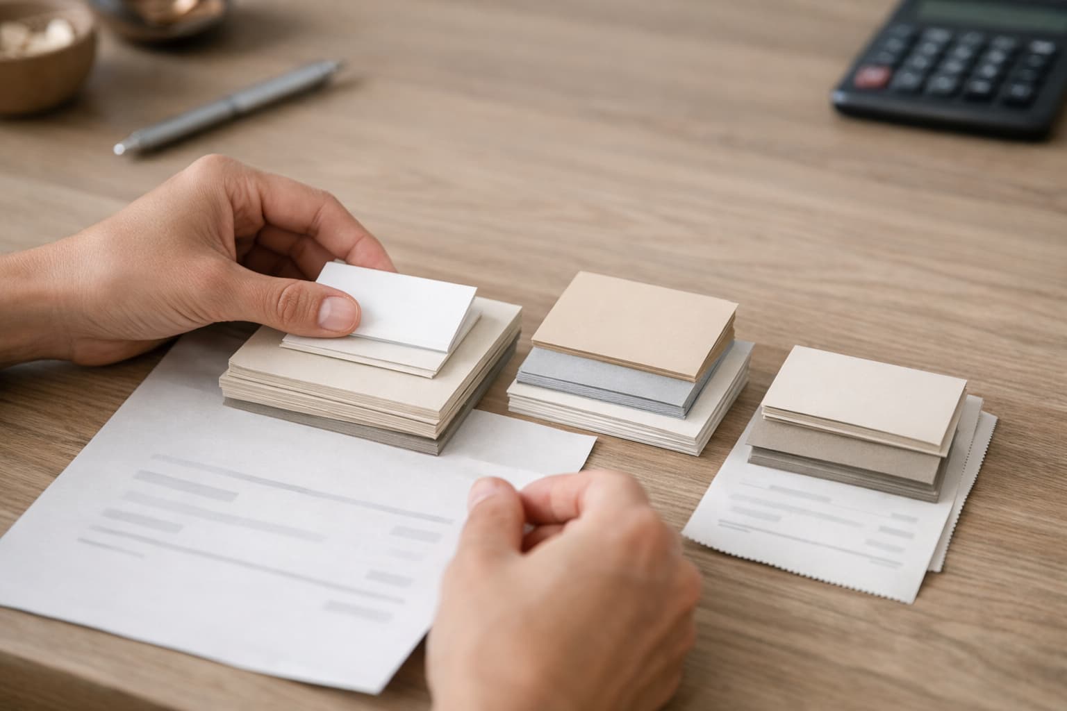 Neatly arranged papers and cards representing an organized pricing breakdown.