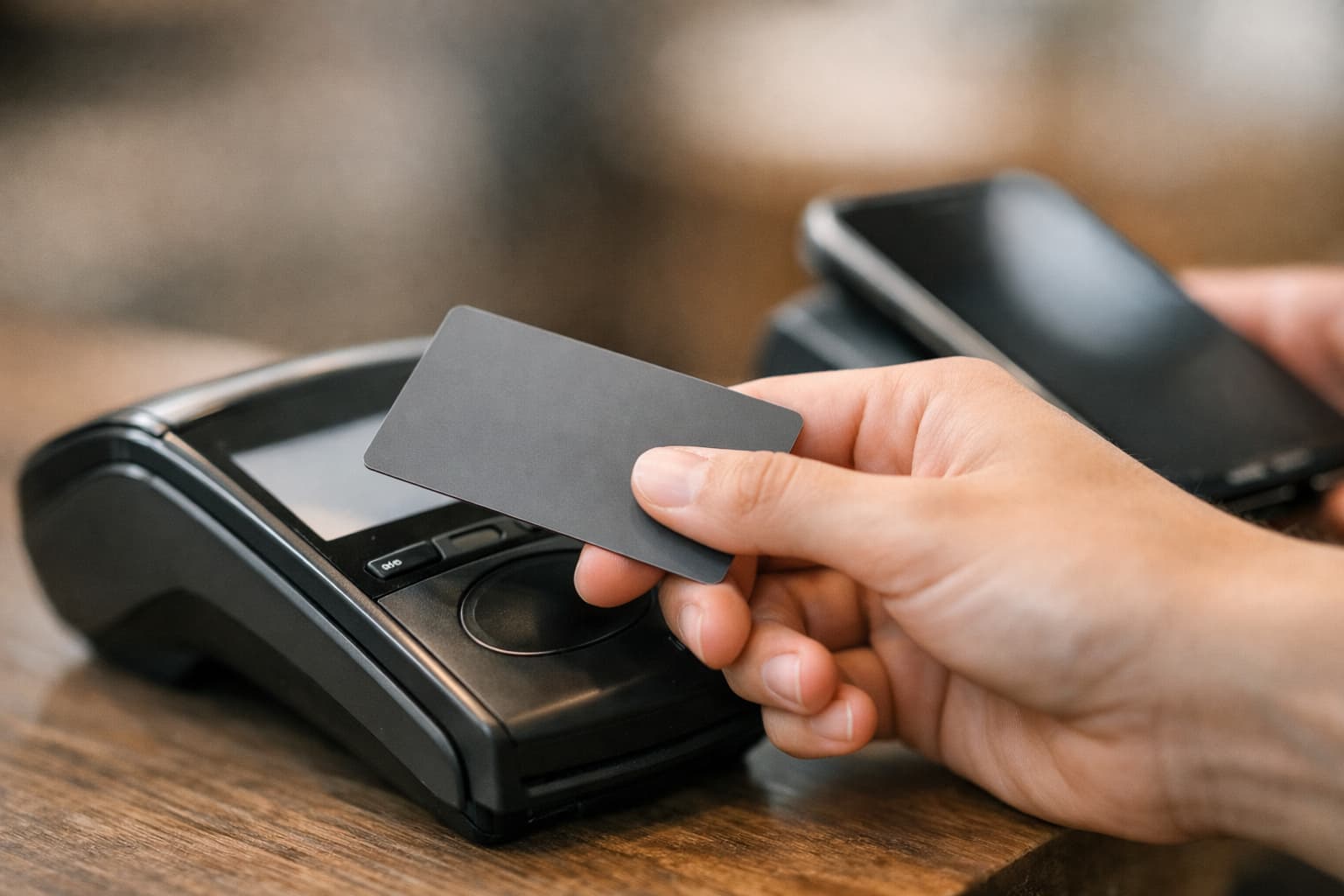 Close-up of card payment near a terminal in a travel context.