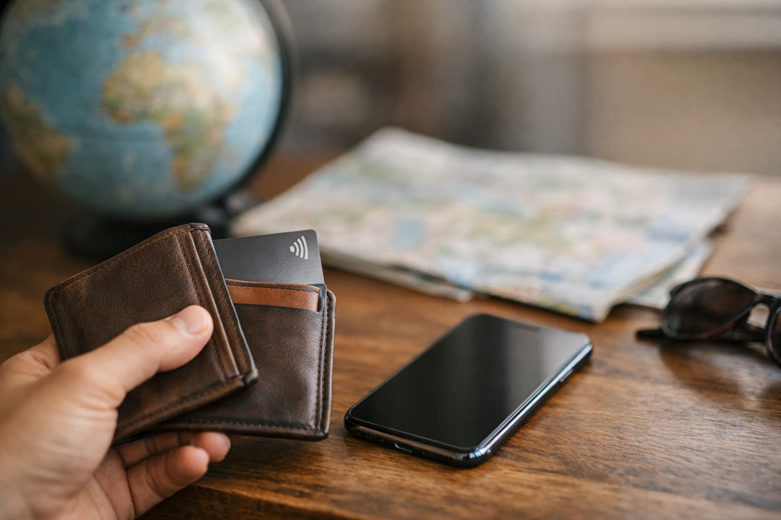 Travel wallet, card, and phone arrangement representing currency-friendly checkout.