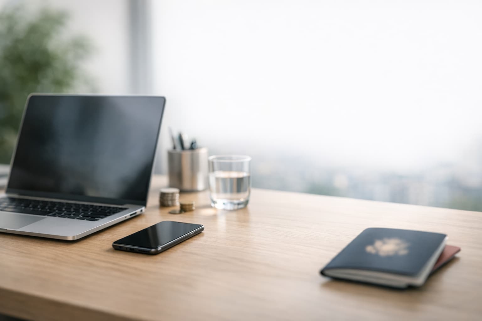 Modern travel planning desk with laptop and phone in soft daylight.