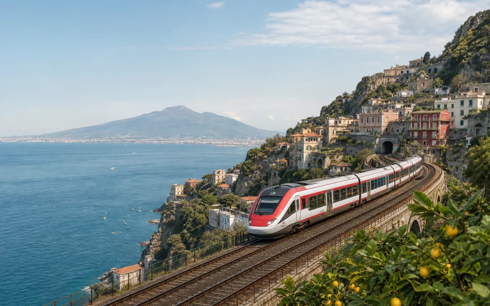 Campania Express train travelling through the coastal landscape between Naples and Sorrento.